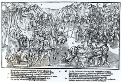 O chefe irlandês recebe a bênção do padre antes de partir para lutar contra os ingleses, que são mostrados com armadura completa, placa 4 de "The Image of Ireland", de John Derricke, 1581 de Friedrich van Hulsen