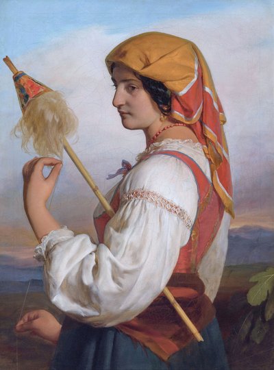 Alemão: Mulher italiana (Chiaruccia) com uma roca de Friedrich von Amerling