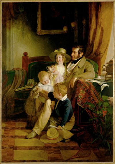 Rudolf von Arthaber e os seus filhos Rudolf Emilie e Gustav, olhando para a fotografia da sua falecida esposa e mãe ... (pintura sobre tela) de Friedrich von Amerling
