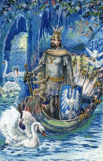 Rei Ludwig II como Lohengrin na gruta azul do palácio de Linderhof. Por volta de 1900 de Fritz Bergen