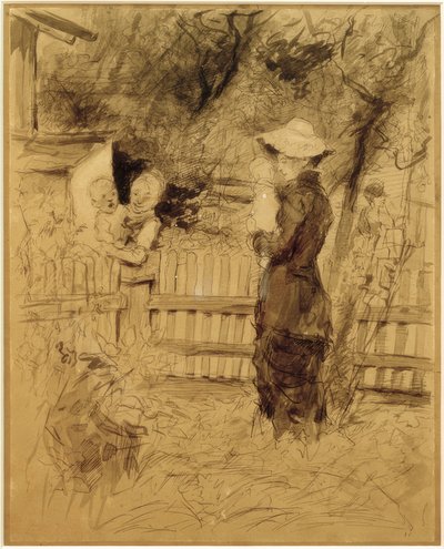 Mulheres com crianças no braço no jardim de Fritz von Uhde