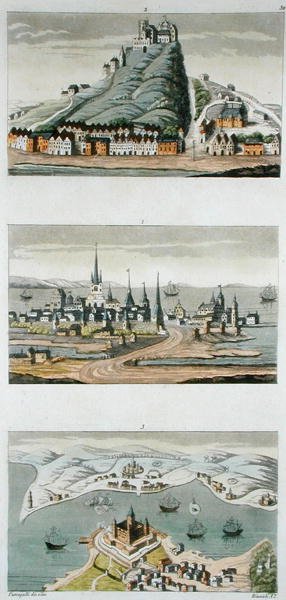 Scandinavian Ports (Top to Bottom: Copenhagen, Fortress of Segeburg, and Fort of Sund) c.1800-15, placa 50 de 
