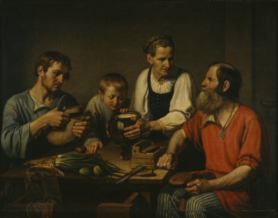 Família camponesa antes do jantar, 1824 de Fyodor Grigoryevich Solntsev