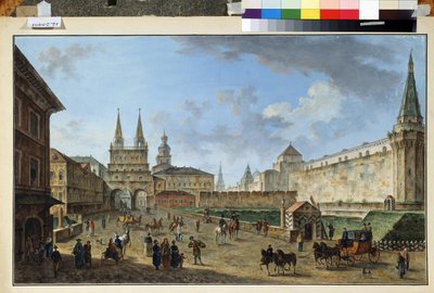 Moscou, vista do Portão da Ressurreição na Praça Vermelha. Pintura de Fyodor Yakovlevich Alexeev (1753-1824). Aquarela e guache sobre papel, 58,2 x 91,2 cm, por volta de 1801. Arte russa, classicismo. Museu de de Fyodor Yakovlevich Alexeev