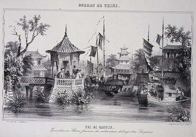 Vista de Cantão, mostrando marinheiros em suas sampanas, de "A Guerra na China". de G.C. de Fortavion