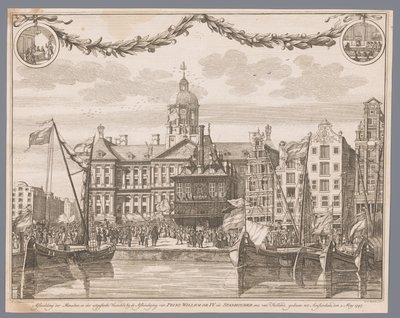 Multidão na Praça Dam em Amsterdã celebra a proclamação de Willem IV como stadtholder Representação do povo e das bandeiras disparadas na proclamação do príncipe William IV como stadtholder etc. da Holanda, feito até Amsterdã em 2 de maio de 1747 (título e de G.J. Marstaller
