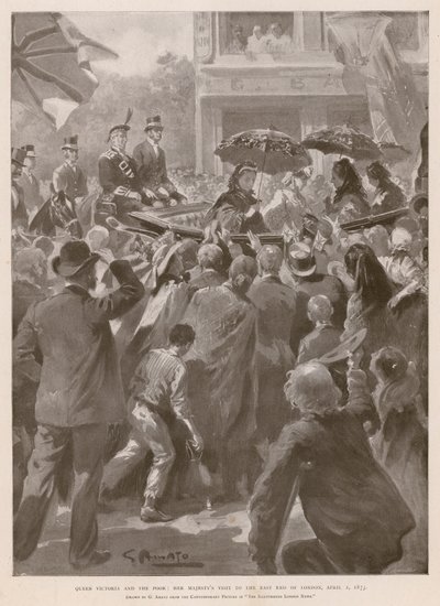 Rainha Vitória e os pobres: a Rainha visitando o East End de Londres, 2 de Abril de 1873 (fotogravura) de G.S. (after) Amato