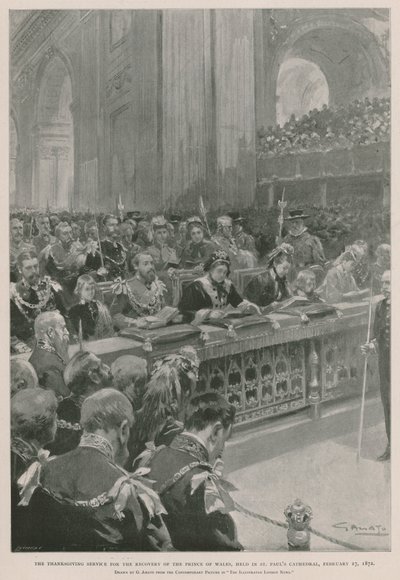 Serviço de Acção de Graças pela recuperação do Príncipe de Gales da doença, Catedral de São Paulo, Londres, 27 de Fevereiro de 1872 (fotogravura) de G.S. (after) Amato