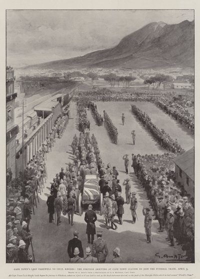 Último Adeus da Cidade do Cabo a Cecil Rhodes, o Cortege chegando à Estação da Cidade do Cabo para se juntar ao Trem Funeral, 3 de abril de G.S. Amato