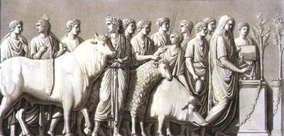 Baixo relevo de um touro, de um carneiro e de um javali, conduzido a um altar votivo, de 