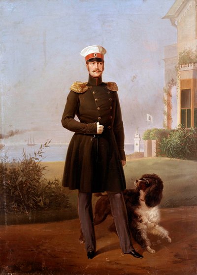 Retrato no pé do czar russo Nicholas I (1796-1855) em Peterhof Painting de Georg Botmann (século 19). Século XIX. São Petersburgo. Chateau De Peterhof de G. Botmann