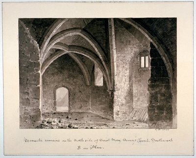 Restos monásticos no lado norte da igreja de St Mary Overy, Southwark, Londres, 1835. de G Buckler