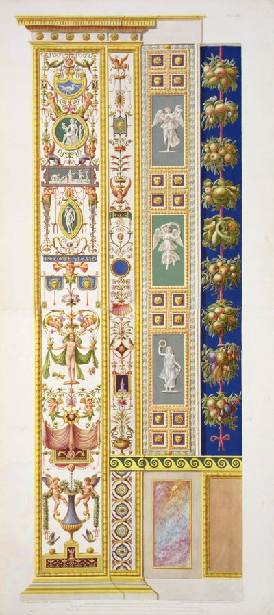 Painel do Raphael Loggia no Vaticano, de "Delle Loggie di Rafaele nel Vaticano", gravado por Giovanni Ottaviani (c.1735-1808), publicado c.1772-77 (gravação a cores) de G. and Camporesi P. Savorelli