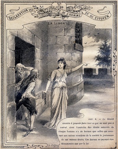 1789 : Declaração dos direitos do homem e do cidadão : La liberte . Gravura em "Le livre unique de moral et d