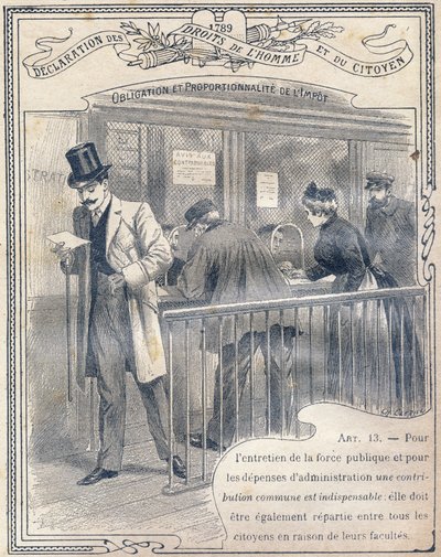 1789 : Declaração dos direitos do homem e do cidadão : Obrigação e proporcionalidade do imposto. Gravura em "Le livre unique de moral et d