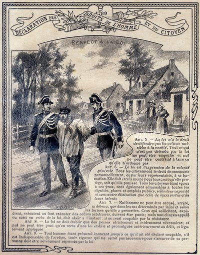 1789 : Declaração dos direitos do homem e do cidadão : Respeito à lei . Gravura em "Le livre unique de morale et d