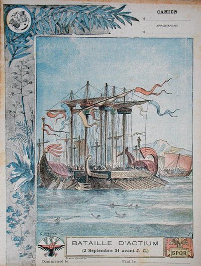 Capa do livro de exercícios escolares ilustrando a Batalha de Áctio, 2 de Setembro 31 AC, c.1900 (cor litho) de G. Dascher