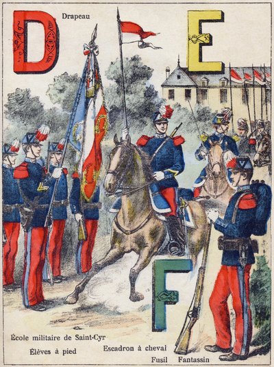 Cartas D E F: Bandeira, Escola Militar de Saint-Cyr (Saint Cyr), Eleves on foot, Esquadrão de Cavalos, Rifle e Fantassin, c.1900 (litografia) de G. Dascher