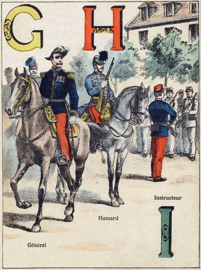 Cartas G H I: General, Hussard e Instrutor. Gravura em "Alfabeto militante" , série Grand-Bebe. Gravura. Imagem de Pont-a-Mousson. Louis Vagne, impressora-editor, cerca de 1900. Ilustrações de G. Dascher. 20 páginas. Dimensões: 31,5x24,5cm. de G. Dascher