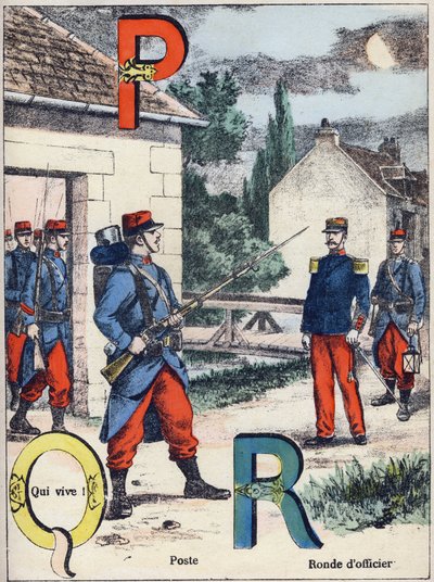 Cartas P Q e R: Post, Qui vive! e Ronda dos Oficiais. Gravura em "Alphabet militaire" , série Grand-Bebe. Gravura. Imagem de Pont-a-Mousson. Louis Vagne, impressora-editor, cerca de 1900. Ilustrações de G. Dascher. 20 páginas. Dimensões: 31,5x24,5cm. de G. Dascher
