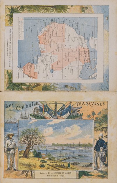 Mapa de posses francesas e esferas de influência na África e uma vista do rio Senegal, capa de um livro de exercícios da escola, final do século XIX (gravura a cores) de G. Dascher