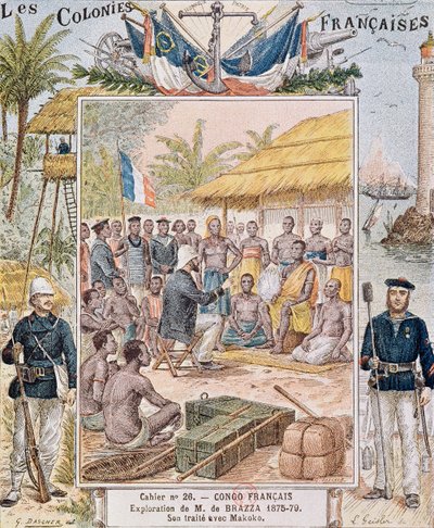 A exploração de M. de Brazza (1875-79) Seu Tratado com Makoko, ilustração de &39;Les Colonies Francaises&39; de G. Dascher