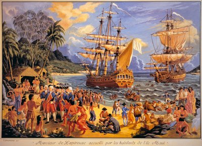 Jean Francois Galaup de Laperouse recebido pelos habitantes da Ilha Mawee nas Ilhas Sandwich no Oceano Pacífico (lito a cores) de G. Delcausse