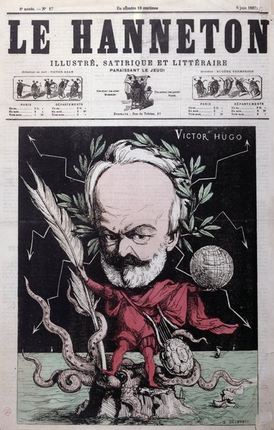 Caricatura de Victor Hugo (1802-85) como Zeus no exílio em Guernsey da capa de Le Hanneton, junho de 1867 de G. Deloyoti
