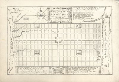 O primeiro plano para a Filadélfia, elaborado por William Penn e Thomas Holme em 1682, 1684 de G. Drogenham