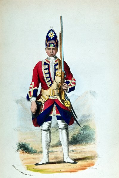Um soldado no Royal North British Fusiliers em 1742, por Cannons Military Records de G. E. Madeley