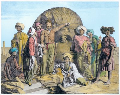 Arqueólogo Bernardino Drovetti medindo uma cabeça colossal no deserto egípcio, 1819 de G Engelmann