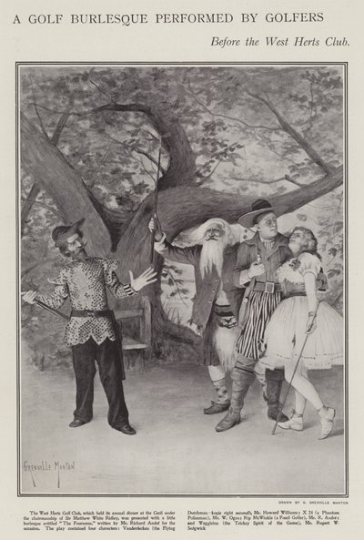 Um burlesco de golfe realizado por golfistas no jantar anual do West Herts Club (litho) de G. Grenville Manton