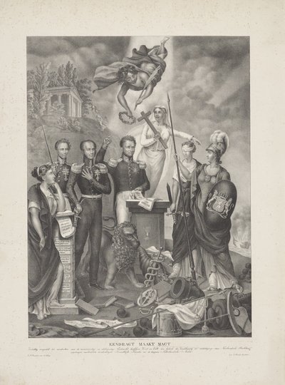 Alegoria da Aliança entre Príncipe e Povo, 1832 Eendragt faz com que Magt / Zinnebeeldig seja apresentado em memória do glorioso e generoso Eendracht entre Príncipe e Povo com o propósito de manter e defender os Direitos Holandeses (título o de G. Havius Zanders