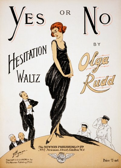 Capa da partitura de "Yes or No Hesitation Waltz" de Olga Rudd, publicada em 1919 (cor litho) de G. Hyman