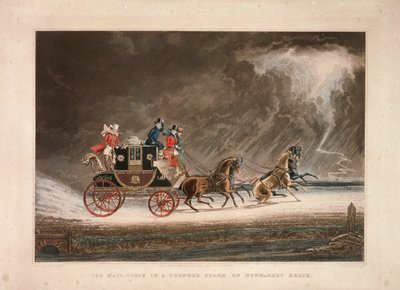 A carruagem do correio em uma tempestade em Newmarket Heath, Suffolk, 1827. de G Reeves