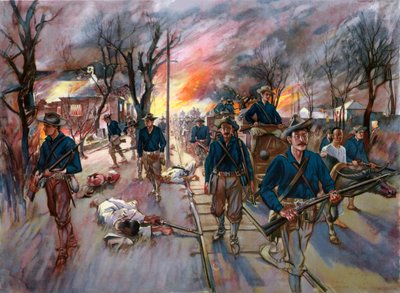 O trem de munição e reservas do vigésimo Voluntários do Kansas, Coronel Frederick Funston, marchando por Caloocan à noite após a batalha de 10 de fevereiro de G. W. Peters