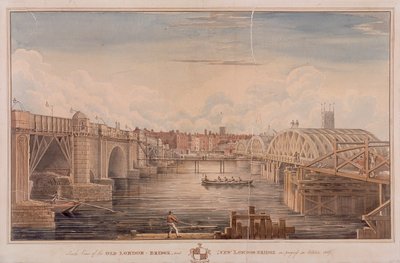 London Bridge velho e novo, Londres, 1827 de G Yates
