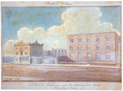 Asilo de São Salvador e o Rockingham Arms Inn, New Kent Road, Southwark, Londres, 1825 de G Yates