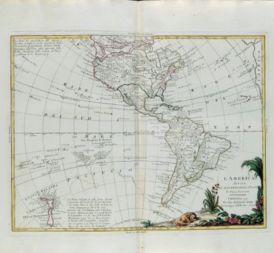 A América dividiu-se em seus principais estados, gravada por G. Zuliani tirada de Tomé do Novo Atlas publicada em Veneza em 1776 por Antonio Zatta, Coleção Particular de G. Zuliani