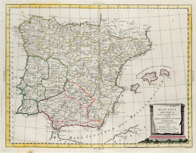 Espanha Antiga dividida em três áreas distintas, nomeadamente Terraconensis, Lusitânia e Baetica e também dividida em povos, gravura de G. Zuliani tirada de Tome I do "Atlas Mais Novo" publicado em Veneza em 1785 por Antonio Zatta, Colecção Privada de G. Zuliani