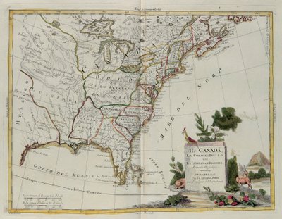 Canadá, as colônias inglesas com Louisiana e Flórida, gravadas por G. Zuliani, tiradas de Tomé I do Atlas mais novo, publicadas em Veneza em 1778 por Antonio Zatta, Coleção Particular de G. Zuliani