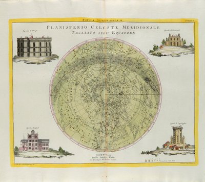 Placa cosmográfica do Planisfério Celeste do Sul cortada no equador, gravada por G. Zuliani tirada de Tomé I do Atlas mais Novo publicada em Veneza em 1777 por Antonio Zatta de G. Zuliani