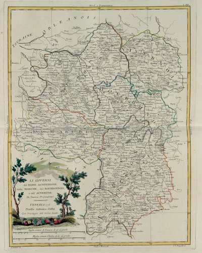 Governos de Berri, Nivernois, Marche, Bourbon e Auvergne, gravura de G. Zuliani tirada de Tomé I do Atlas mais Novo publicado em Veneza em 1776 por Antonio Zatta, Coleção Particular de G. Zuliani