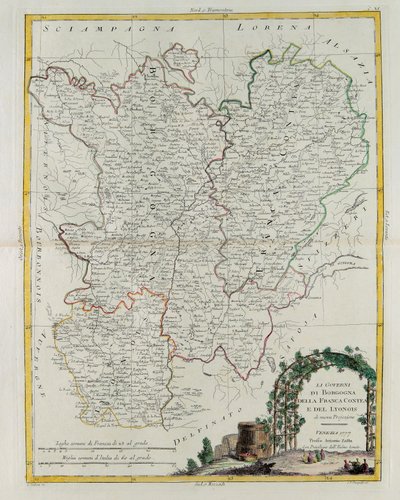 Governos da Borgonha, Franca Contea e Lyon, gravura de G. Zuliani tirada de Tomé I do Atlas mais novo publicado em Veneza em 1777 por Antonio Zatta, Coleção Particular de G. Zuliani