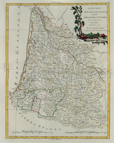Governances of Guyenne and Guascogne com a de Bearn e Lower Navarre, gravura de G. Zuliani tirada de Tome I do Newest Atlas publicada em Veneza em 1776 por Antonio Zatta, Private Collectio de G. Zuliani