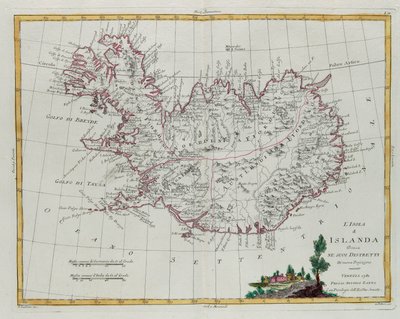 Islândia dividida em seus distritos, gravura de G. Zuliani tirada de Tomé III do "Atlas Mais Novo" publicado em Veneza em 1781 por Antonio Zatta, Coleção Particular de G. Zuliani