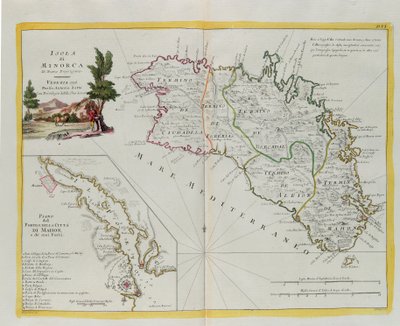 Ilha de Minorca e a planta do porto e da cidade de Mahon e seus fortes, gravura de G. Zuliani tirada de Tomé I do "Atlas Mais Novo" publicado em Veneza em 1778 por Antonio Zatta, Coleção Particular de G. Zuliani