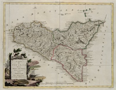Ilha da Sicília, dividida em seus vales, gravada por G. Zuliani, tirada de Tomo II do Novo Atlas, publicada em Veneza em 1782 por Antonio Zatta, Coleção Particular de G. Zuliani