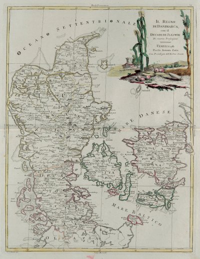 Reino da Dinamarca com o Ducado de Slesvik, gravura de G. Zuliani tirada de Tome III do "Atlas Mais Novo" publicado em Veneza em 1781 por Antonio Zatta, Coleção Particular de G. Zuliani