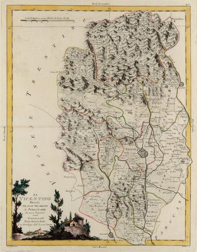 Área terrestre do Estado do Veneto: área de Vicenza dividida em bispados e magistrados, gravura de G. Zuliani tirada de Tome II do "Atlas Mais Novo" publicado em Veneza em 1782 por Antonio Zatta, Coleção Particular de G. Zuliani